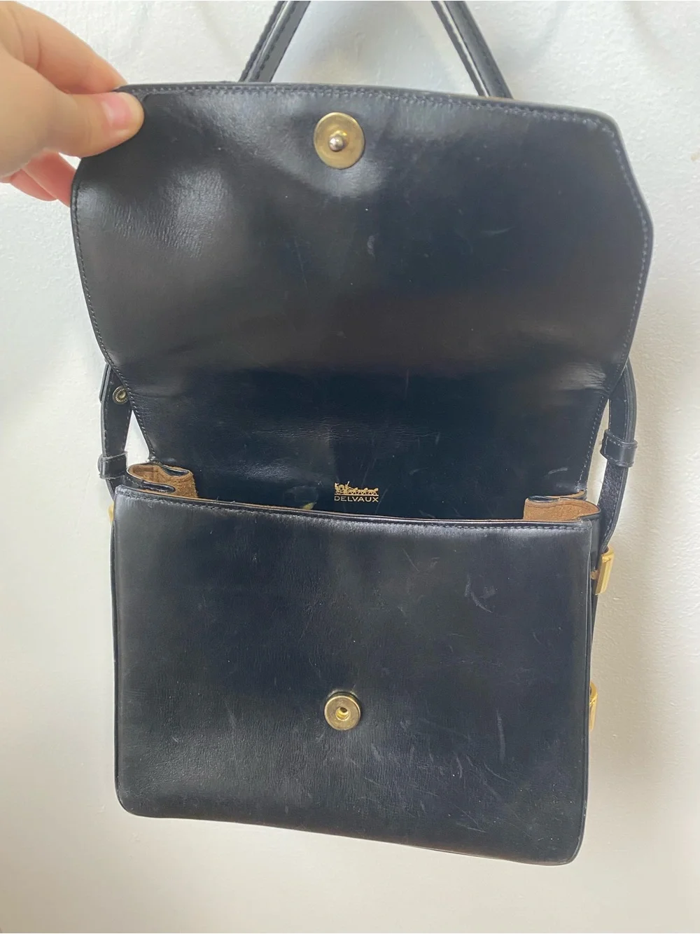 VTG Delvaux Black Flap Snap Closure Adjustable Strap Shoulder to Cross Body Bag